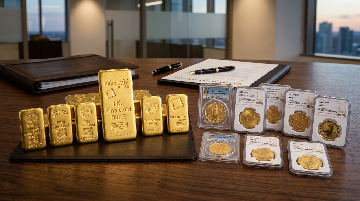 Comptoir d'achat d'or à Cannes présentant lingots certifiés LBMA et pièces d'investissement